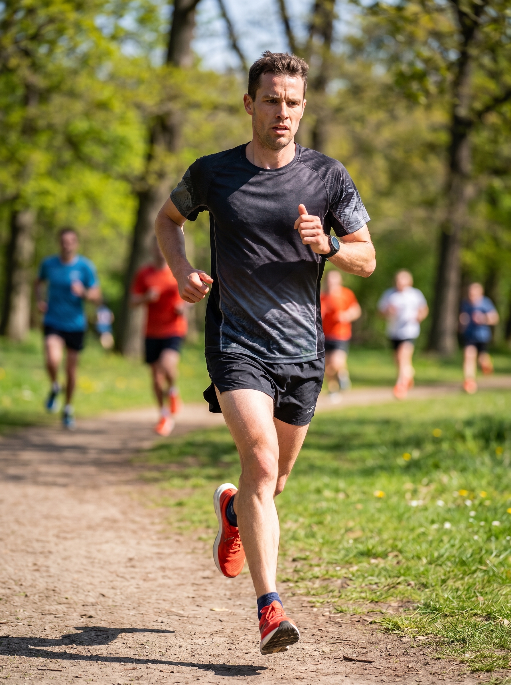 Athletes wearing custom running apparel: singlets, technical tees, shorts, tights and sports bras